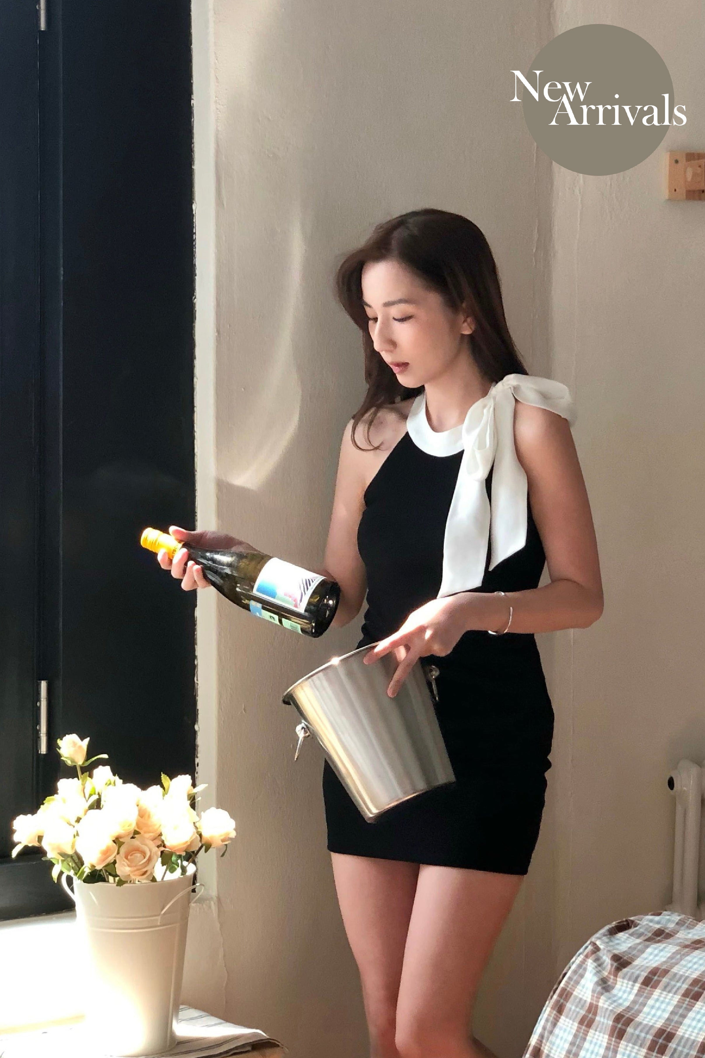 誘人女友感🌹黑白拼色修身約會連身裙