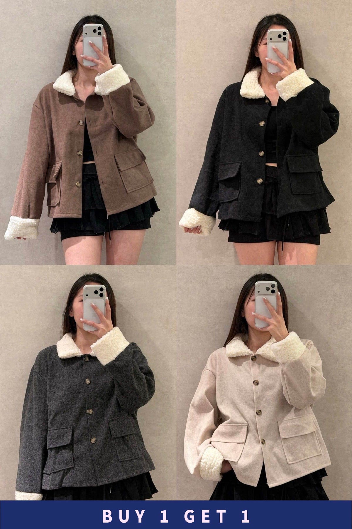【 $99買一送一 】軟毛毛拼領薄毛呢口袋外套