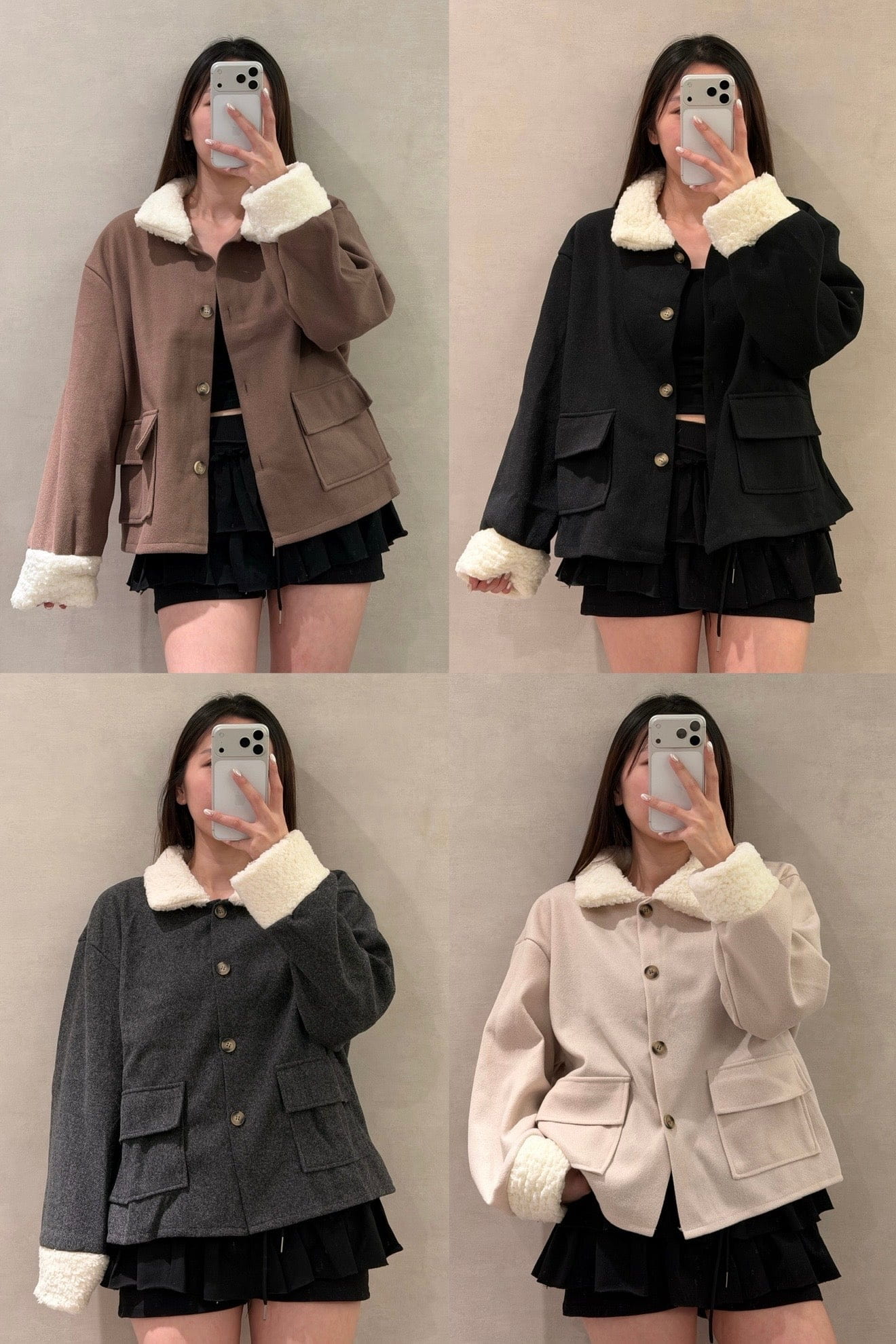 【 $99買一送一 】軟毛毛拼領薄毛呢口袋外套