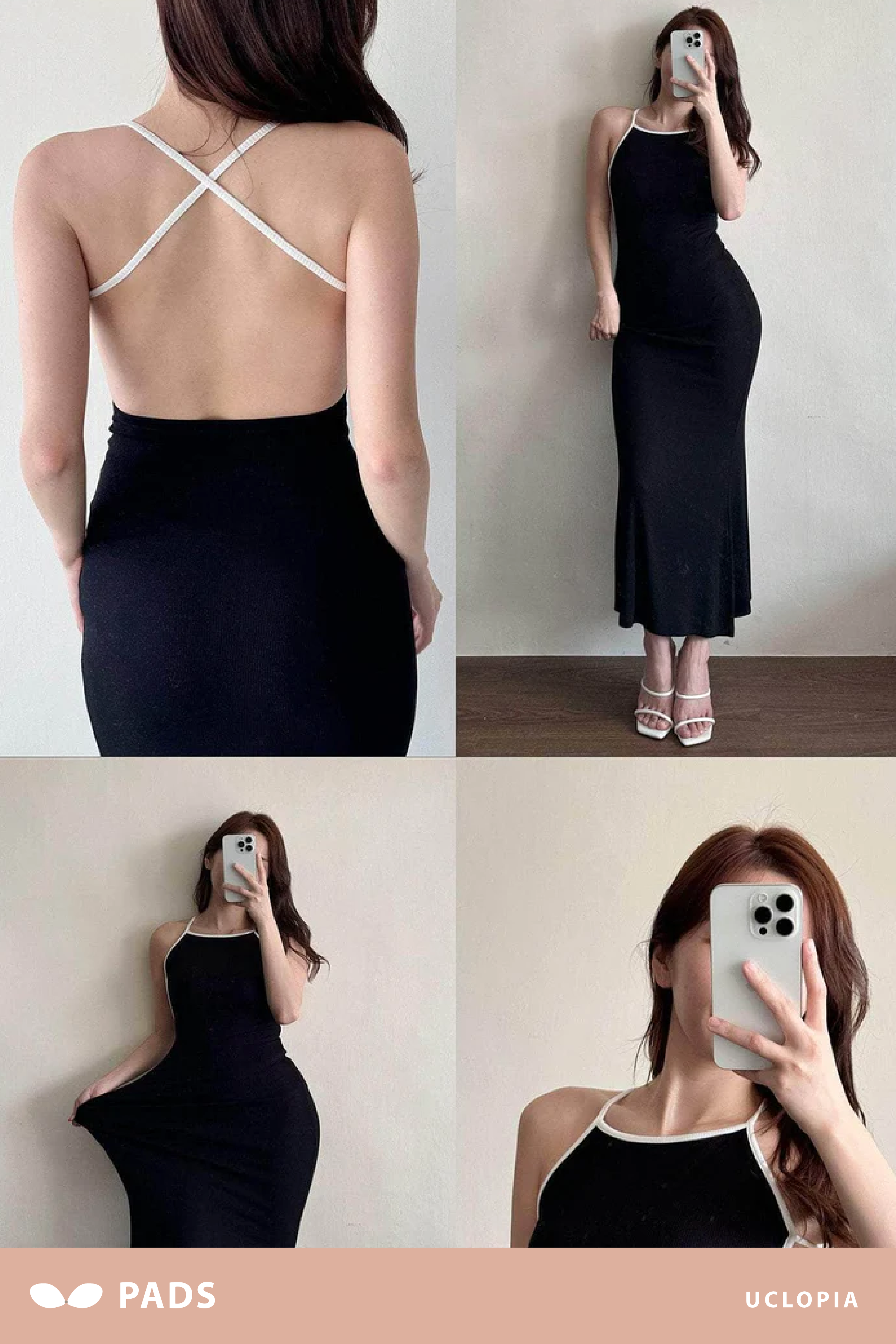 【大大大露背系列🍷|有PAD 】黑白拼色交叉大露背長裙