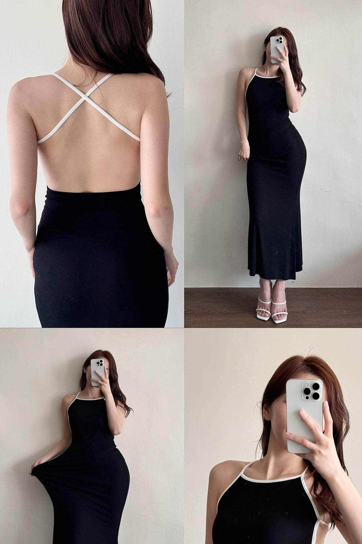 【大大大露背系列🍷|有PAD 】黑白拼色交叉大露背長裙