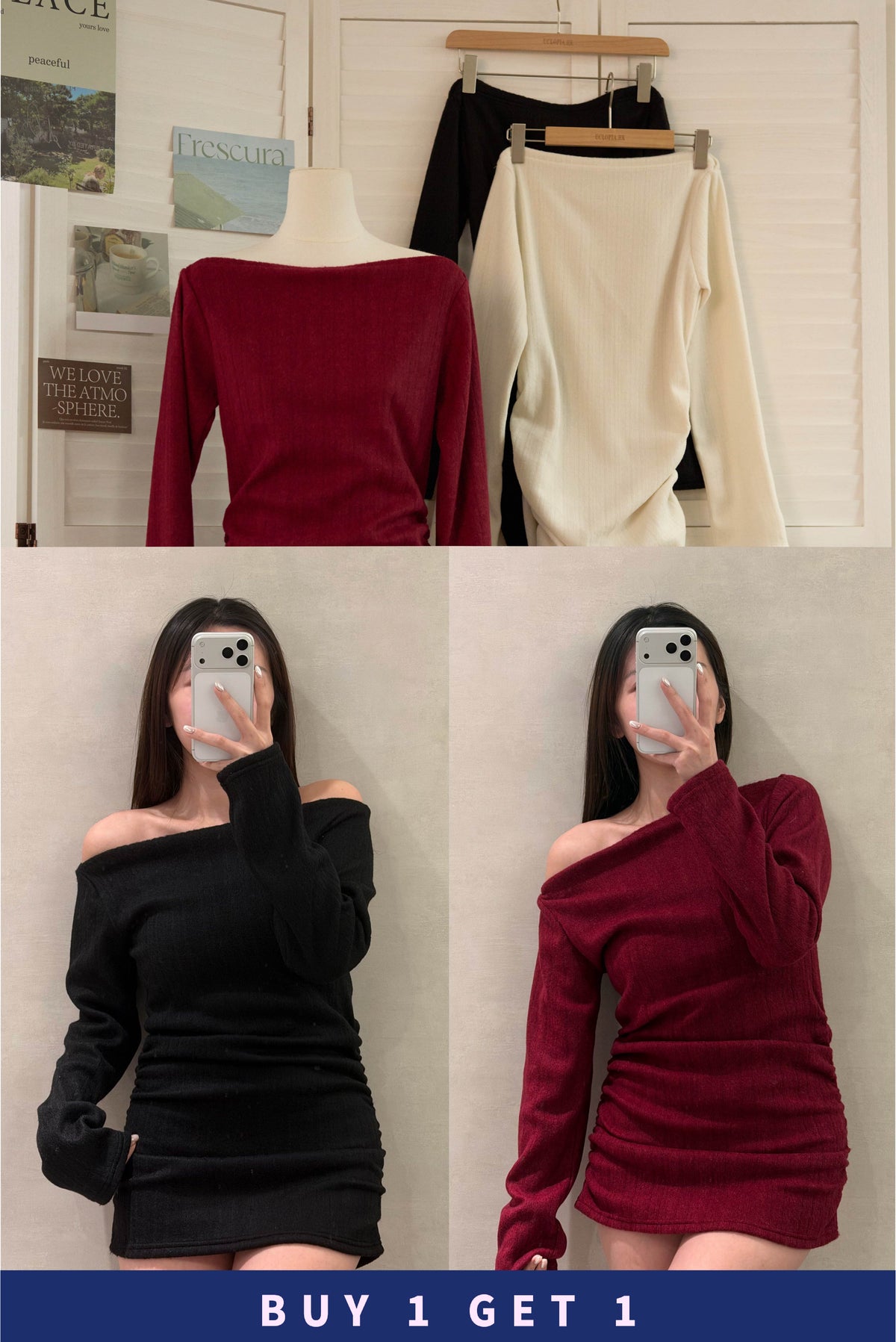 【 $99買一送一 】 雪絨一字船領魚骨連身裙