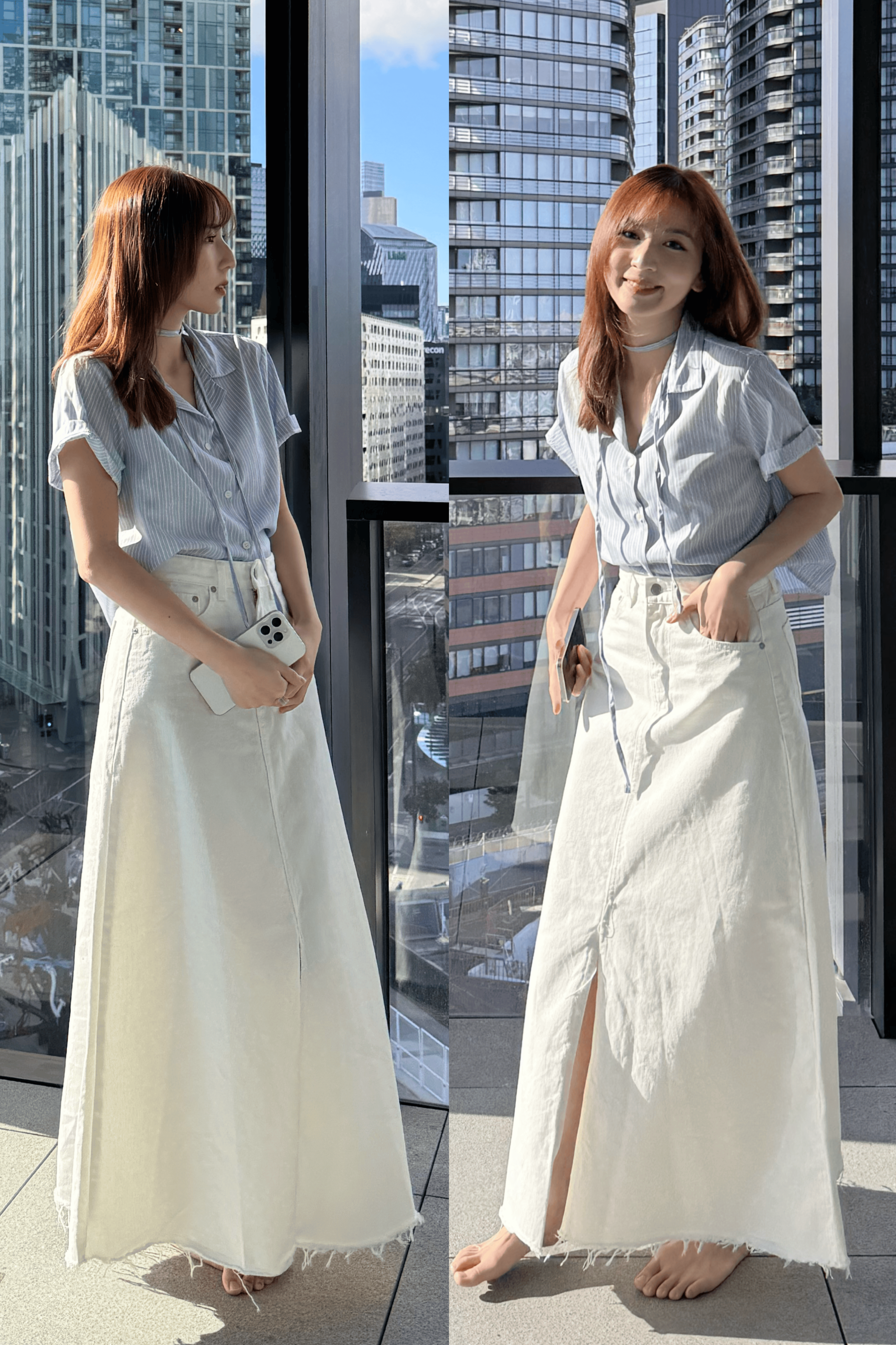 完美版型 の 開叉白色牛仔長裙