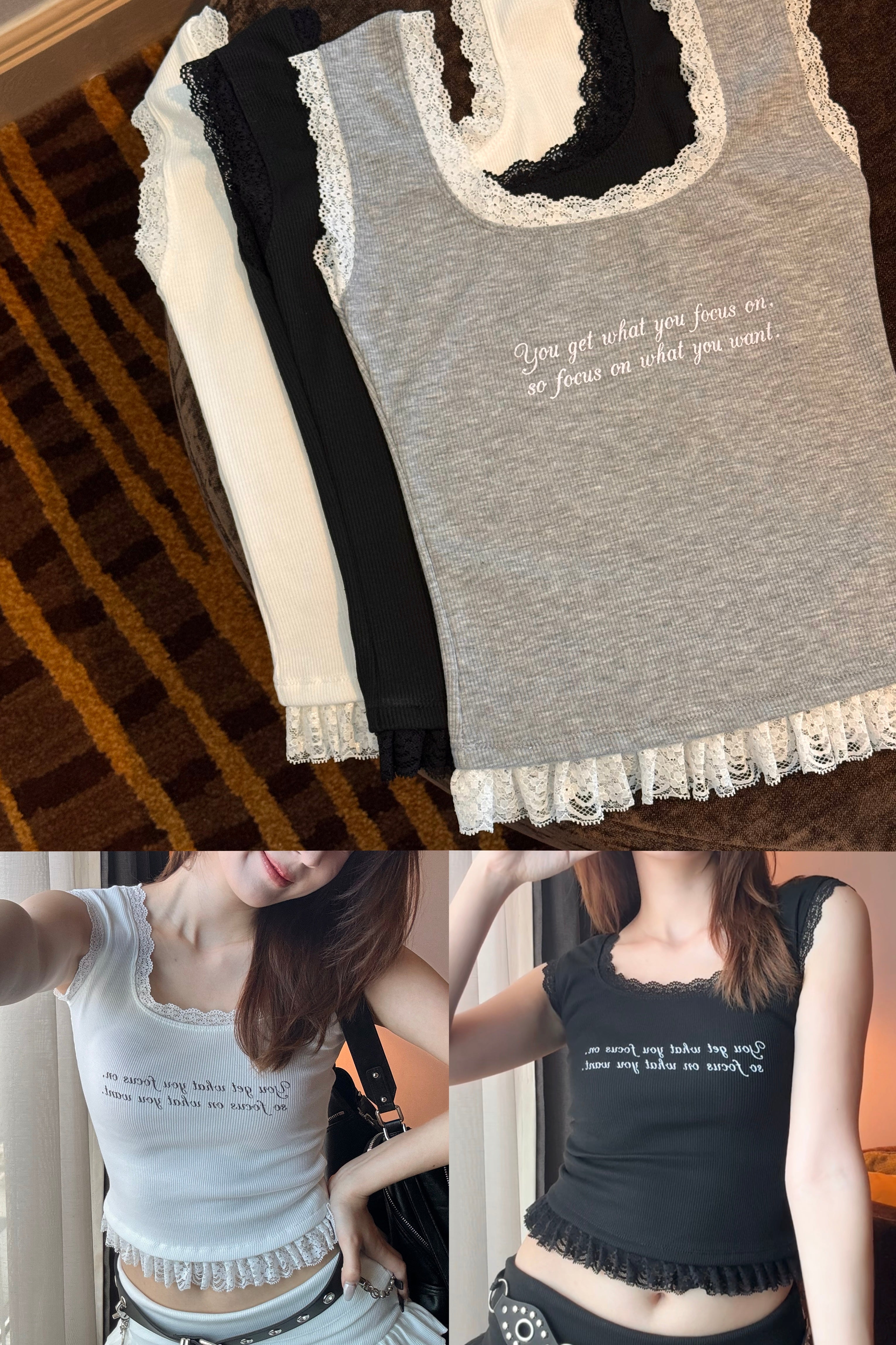 【 🇹🇭泰國連線 #8 】$99 Sweet Hot Top - 潦草字Lace邊圓領背心