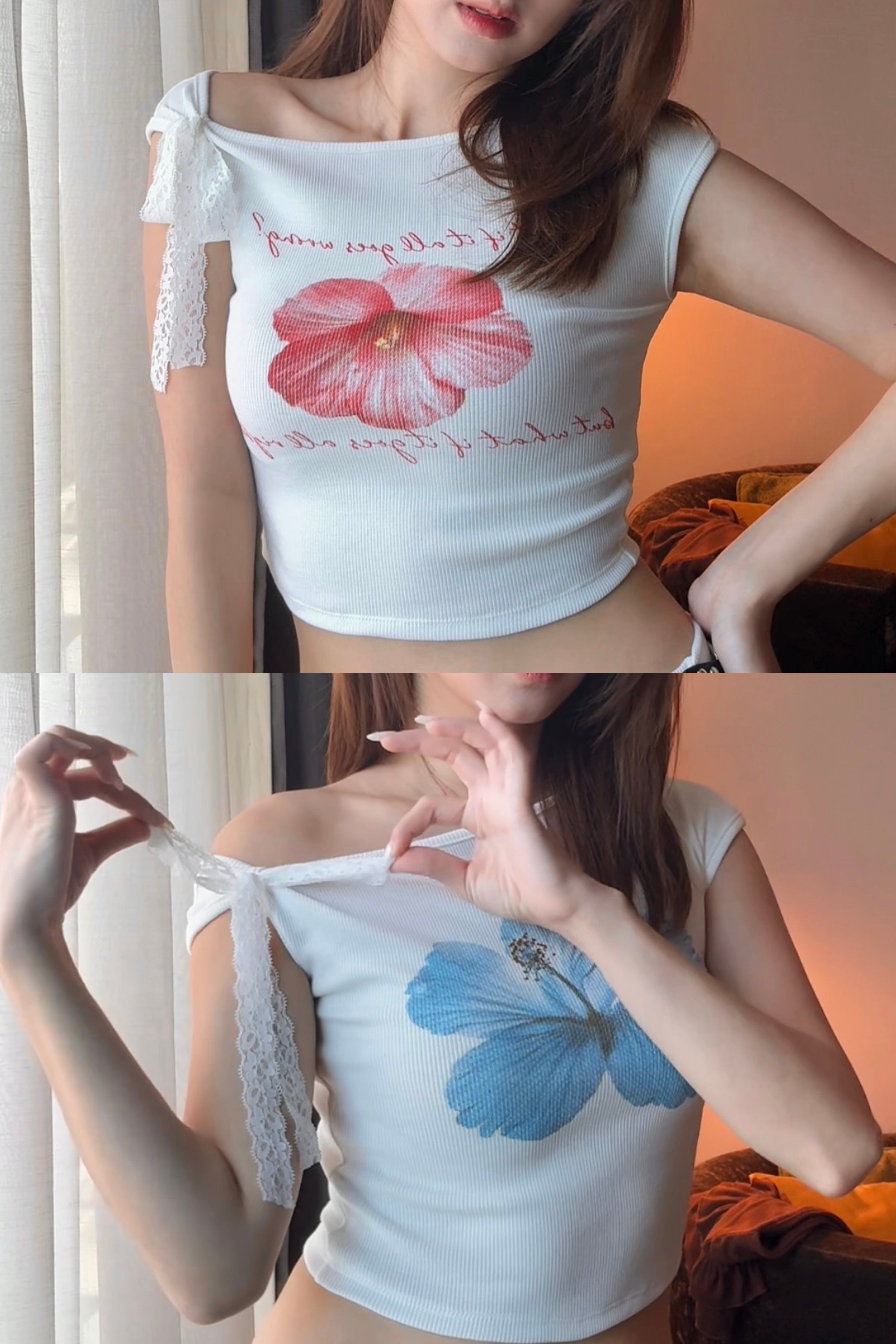 【瑕疵品❗️ 】水墨花綁帶單肩小上衣