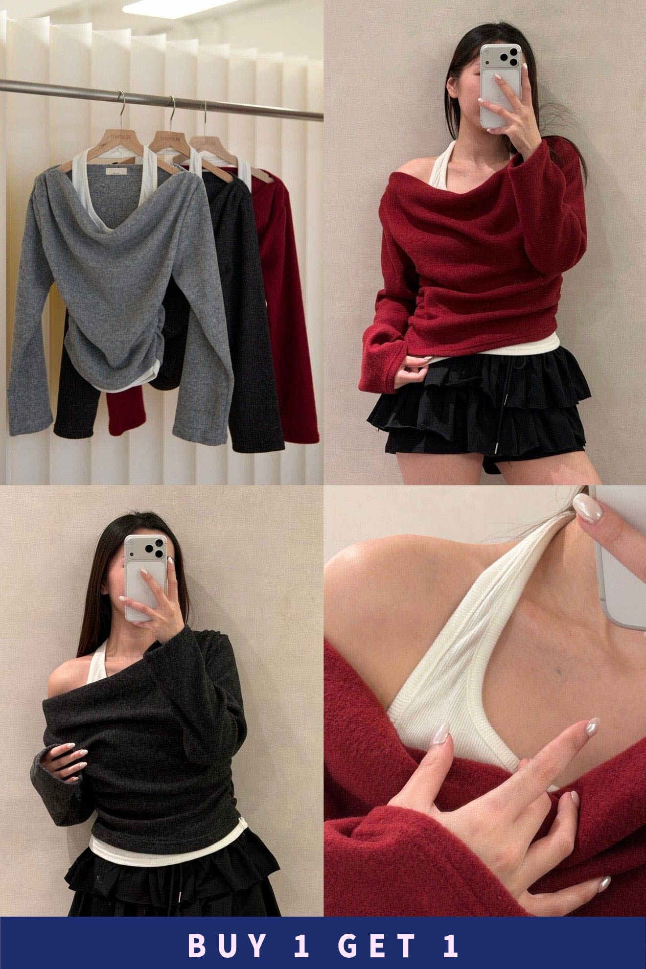 【 $99買一送一 】 雪絨拼色掛頸假兩件