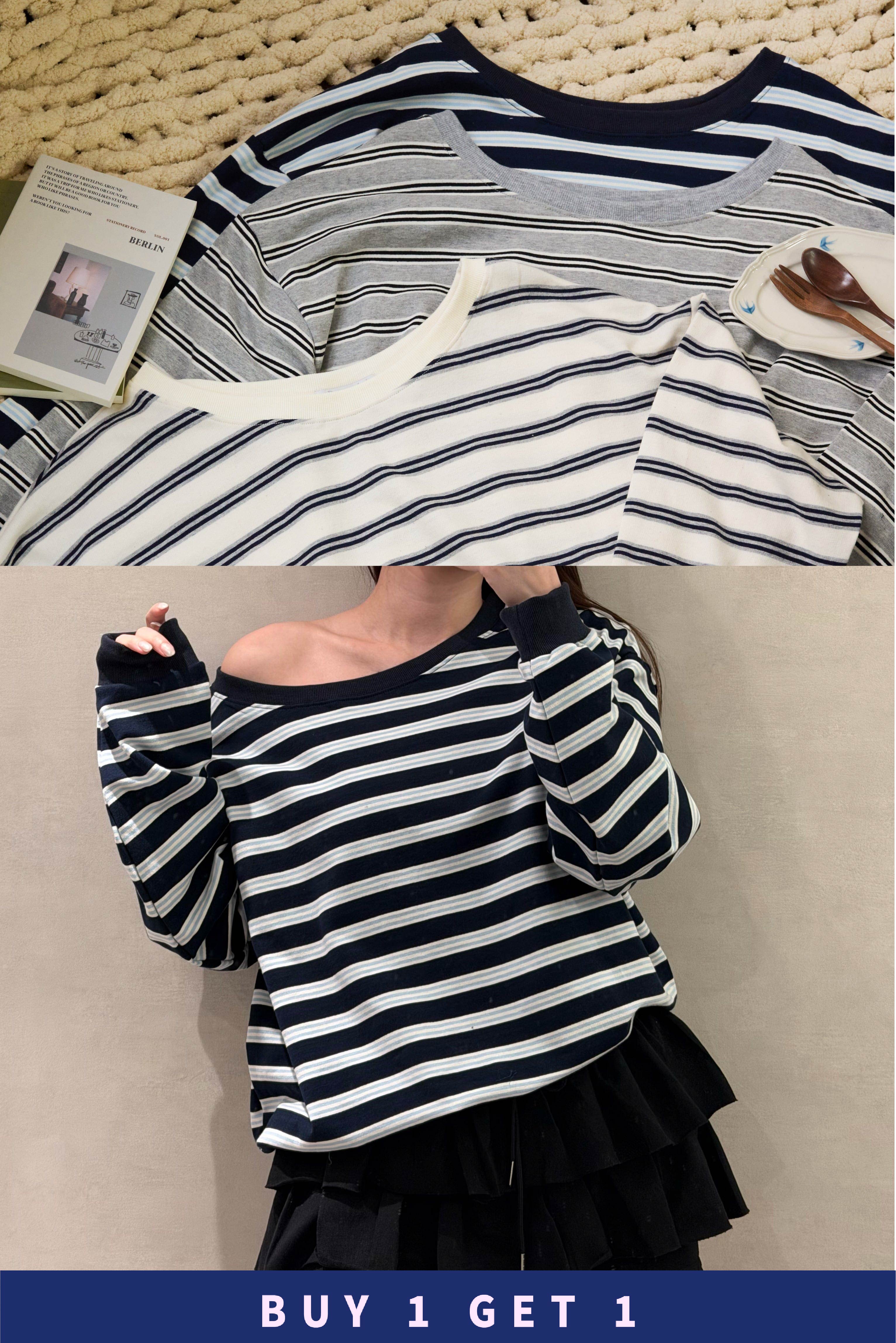 【 $99買一送一 】大圓領條紋寬鬆衛衣