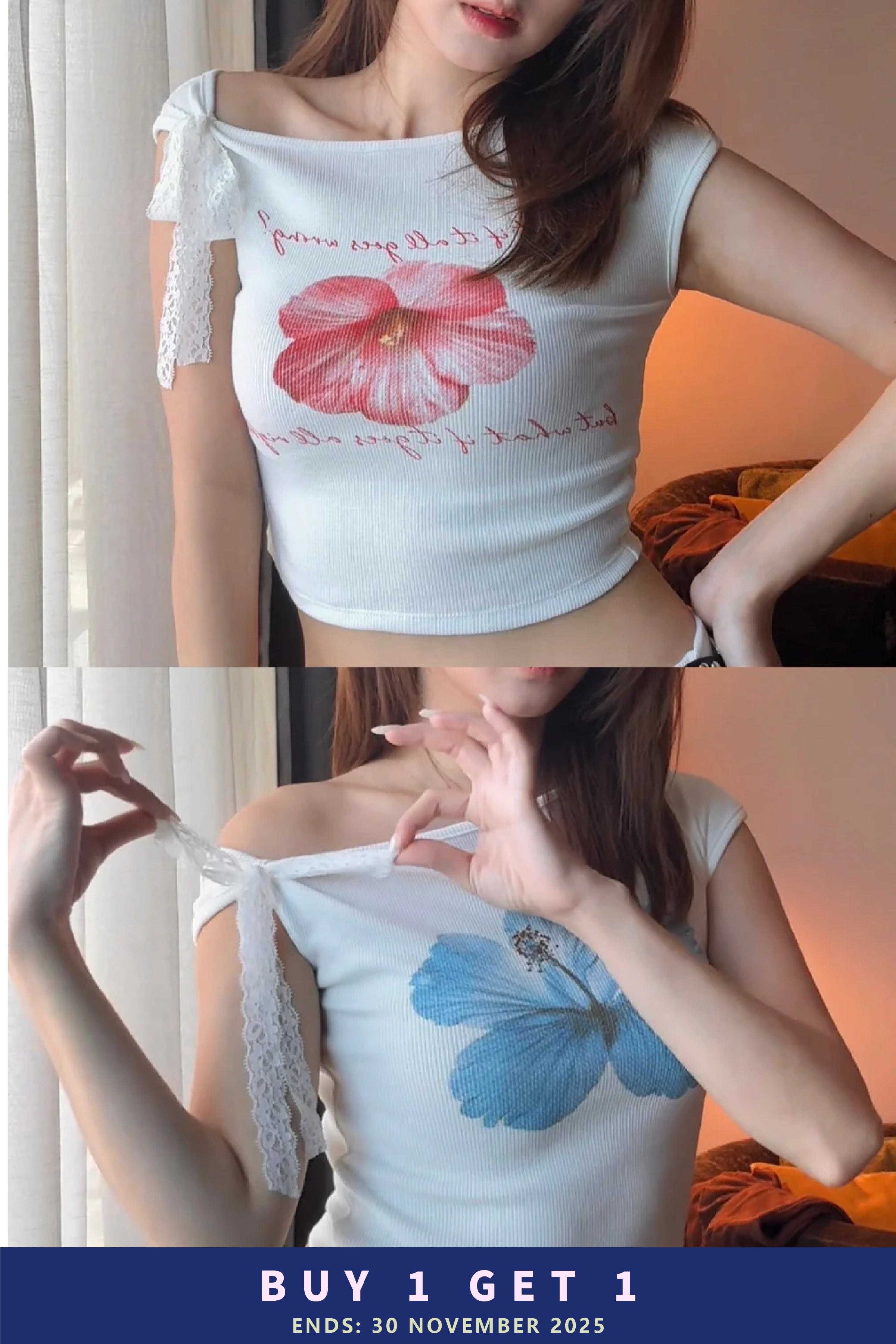 【泰國親身搜羅現貨🇹🇭】$99 Sweet Hot Top - 水墨花綁帶單肩小上衣［兩色入］