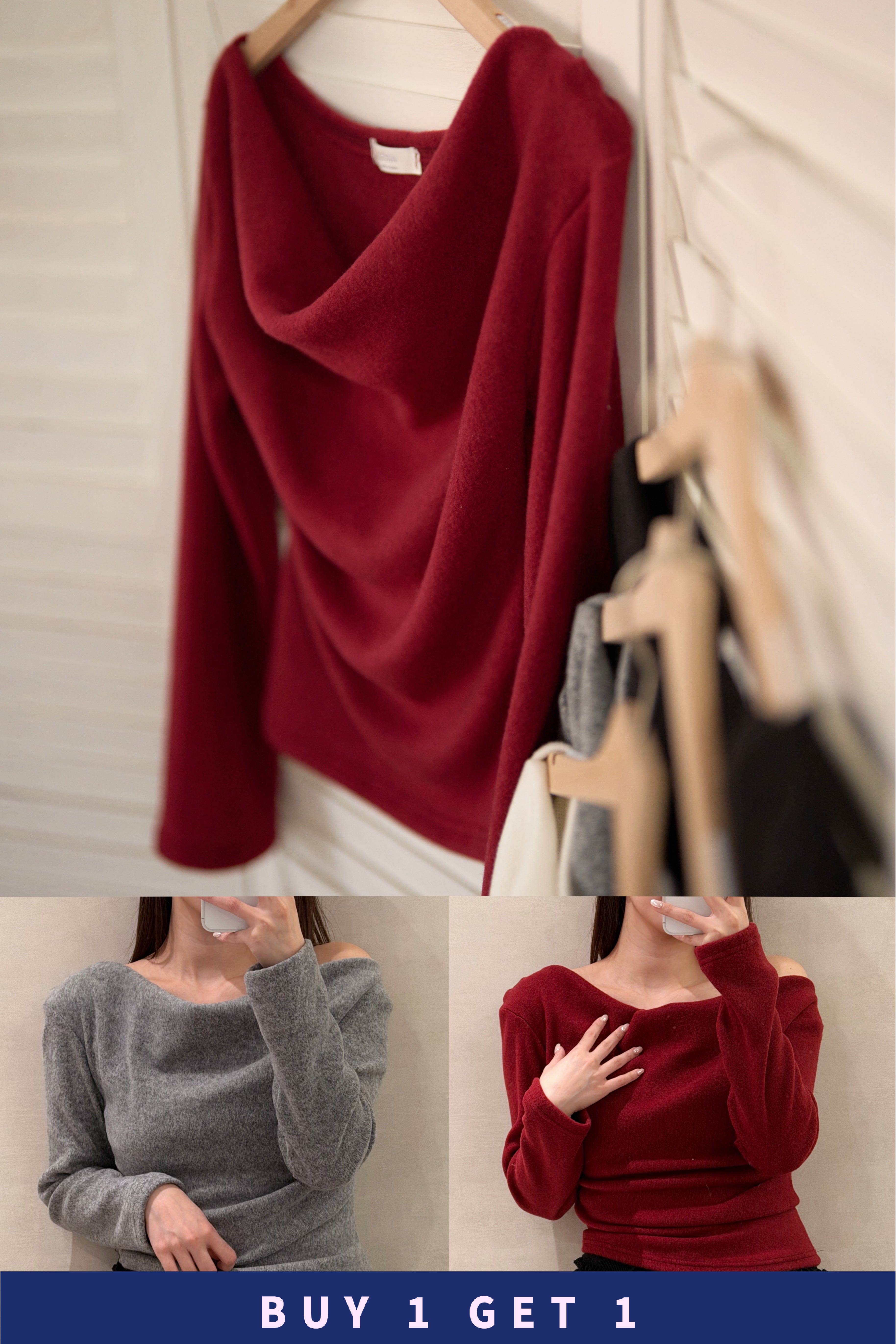 【 $99買一送一 】雪絨可調整寬領口上衣