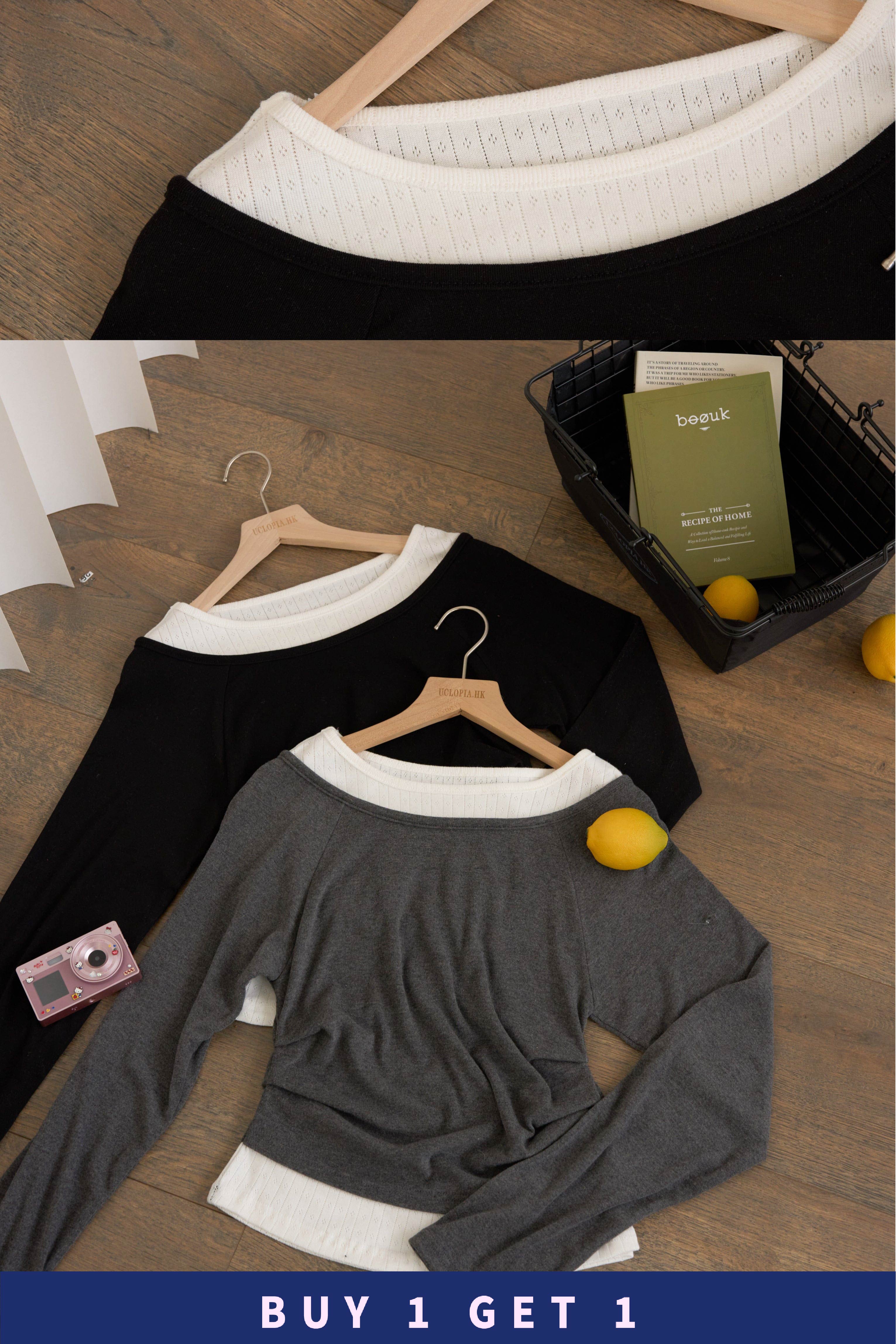 【 $99買一送一 】 花細節圓領假兩件