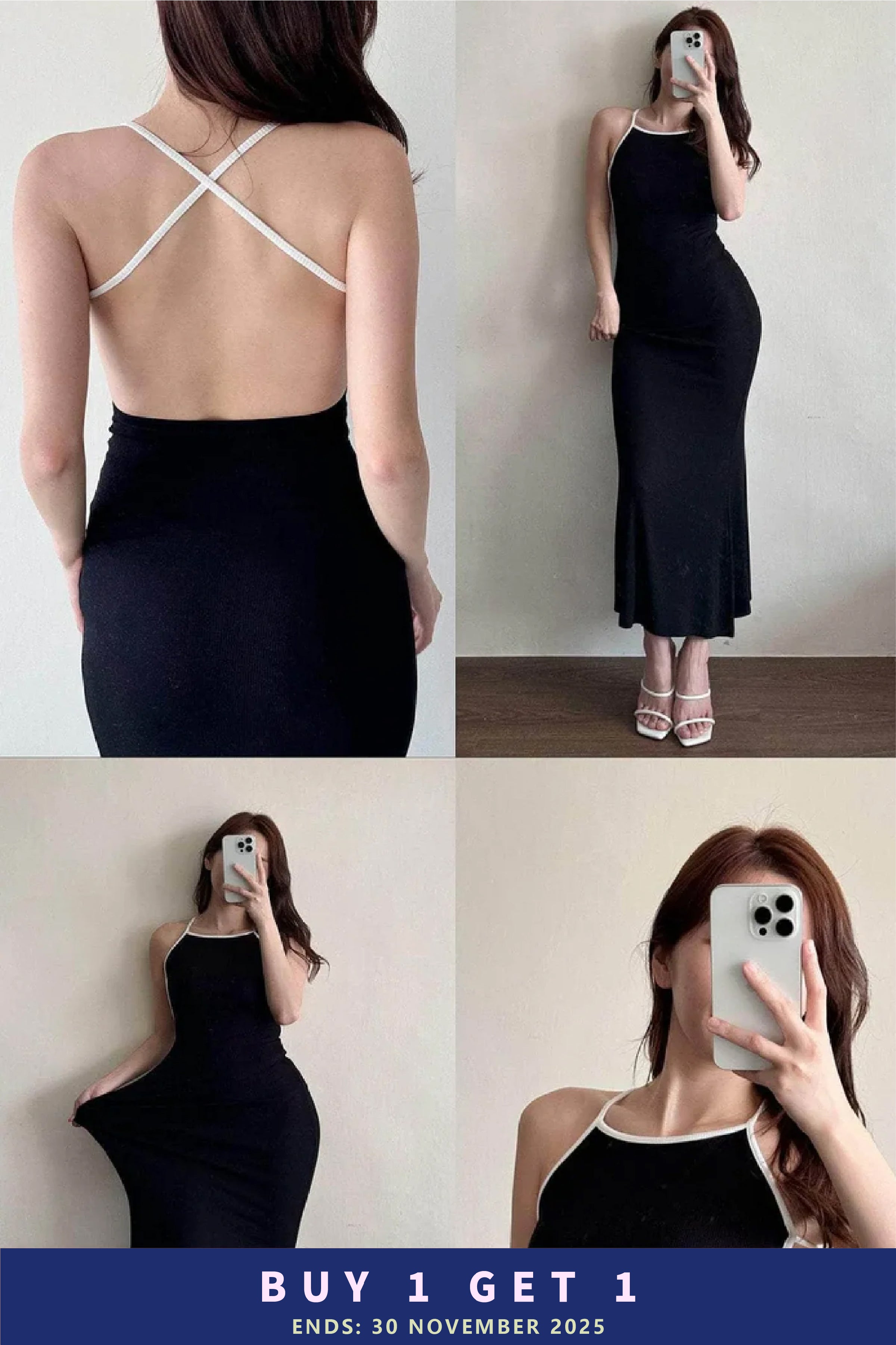 【大大大露背系列🍷｜有PAD 】黑白拼色交叉大露背長裙