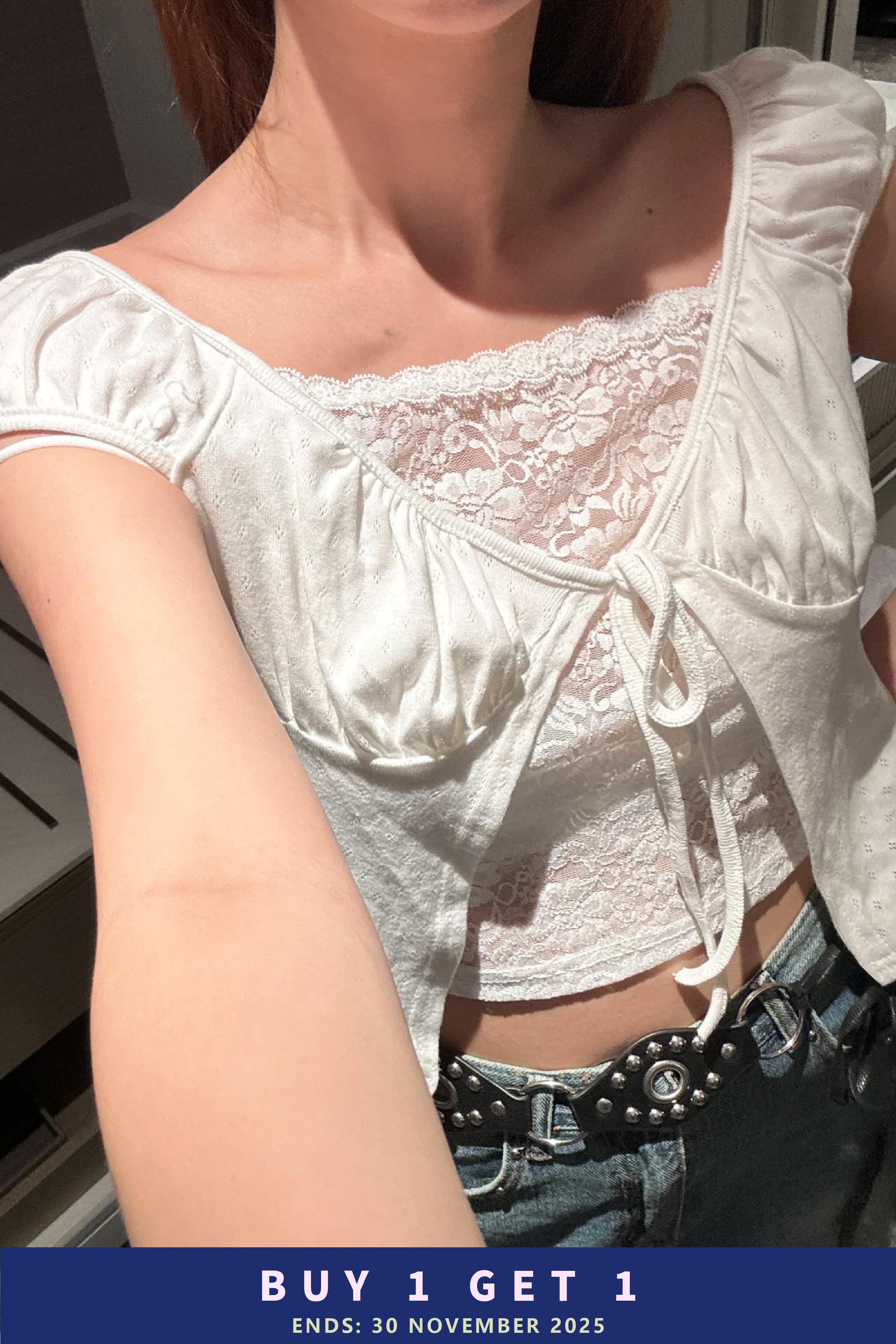 假兩件蕾絲通花甜美上衣［四色入］