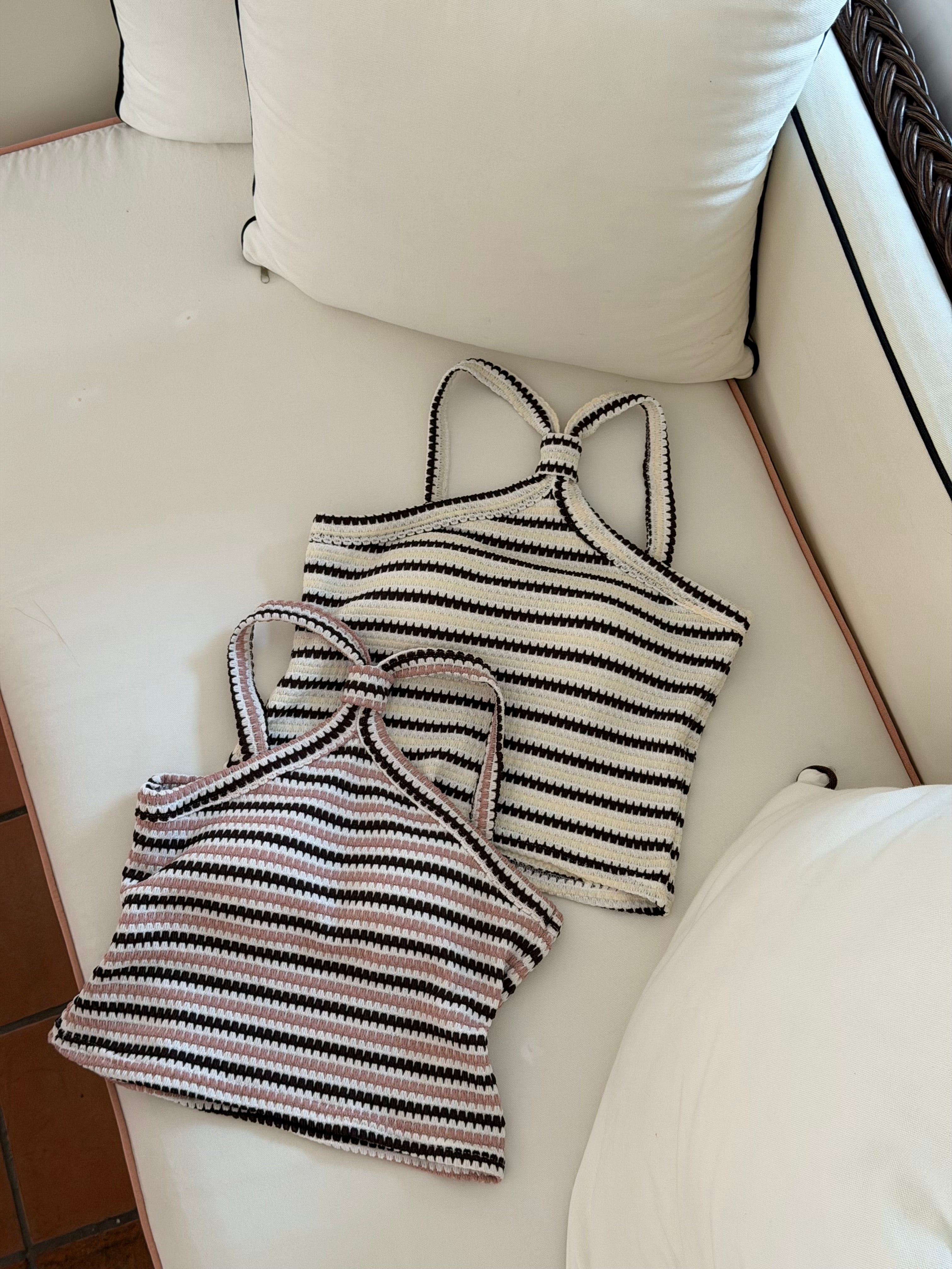 【 夏日炎炎泰國連線☀️🇹🇭 】#2 連線限定$99❗️Pudding間條交叉BraTop - with pads［兩色入］