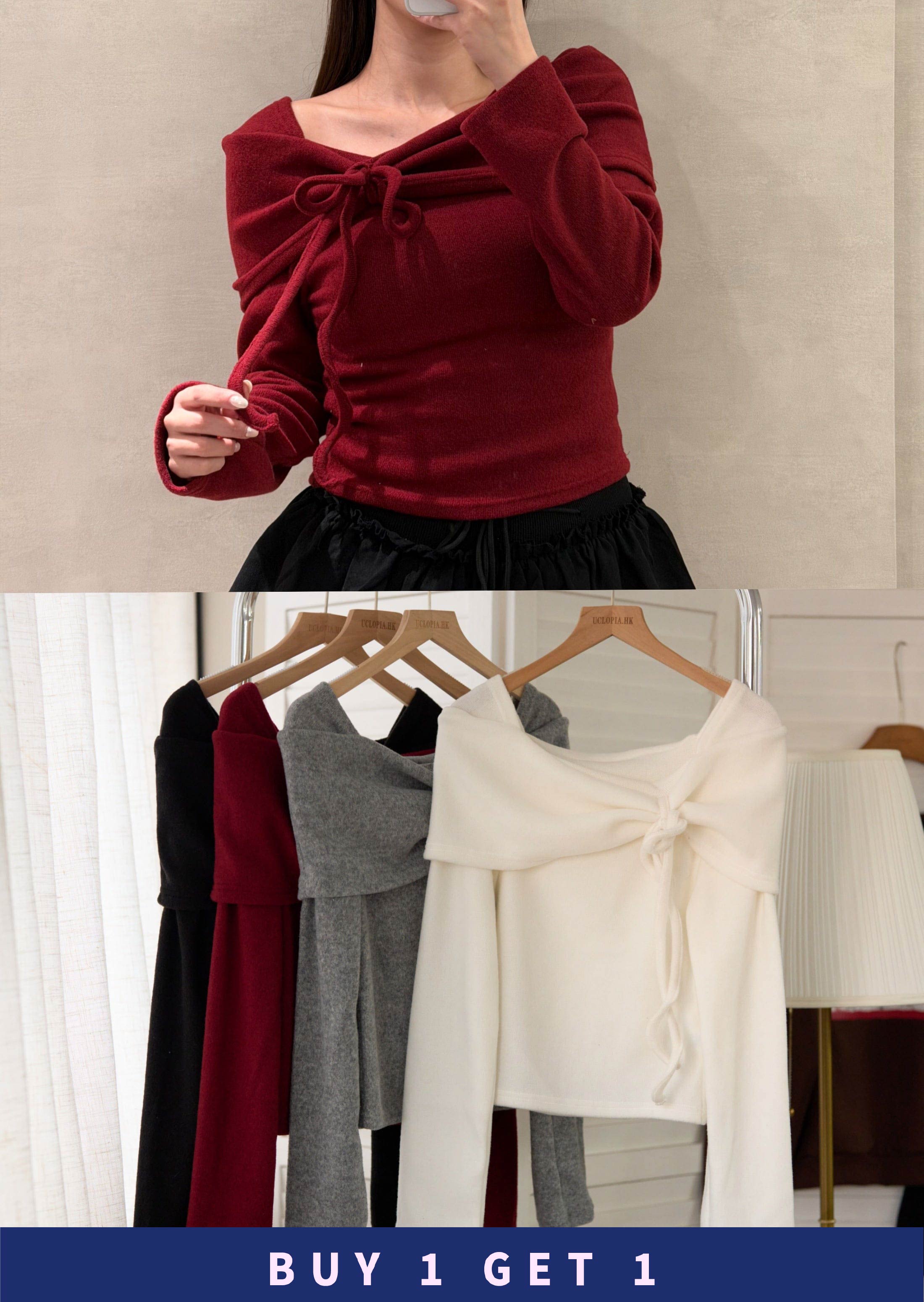 【 $99買一送一 】 雪絨蝴蝶結方領上衣