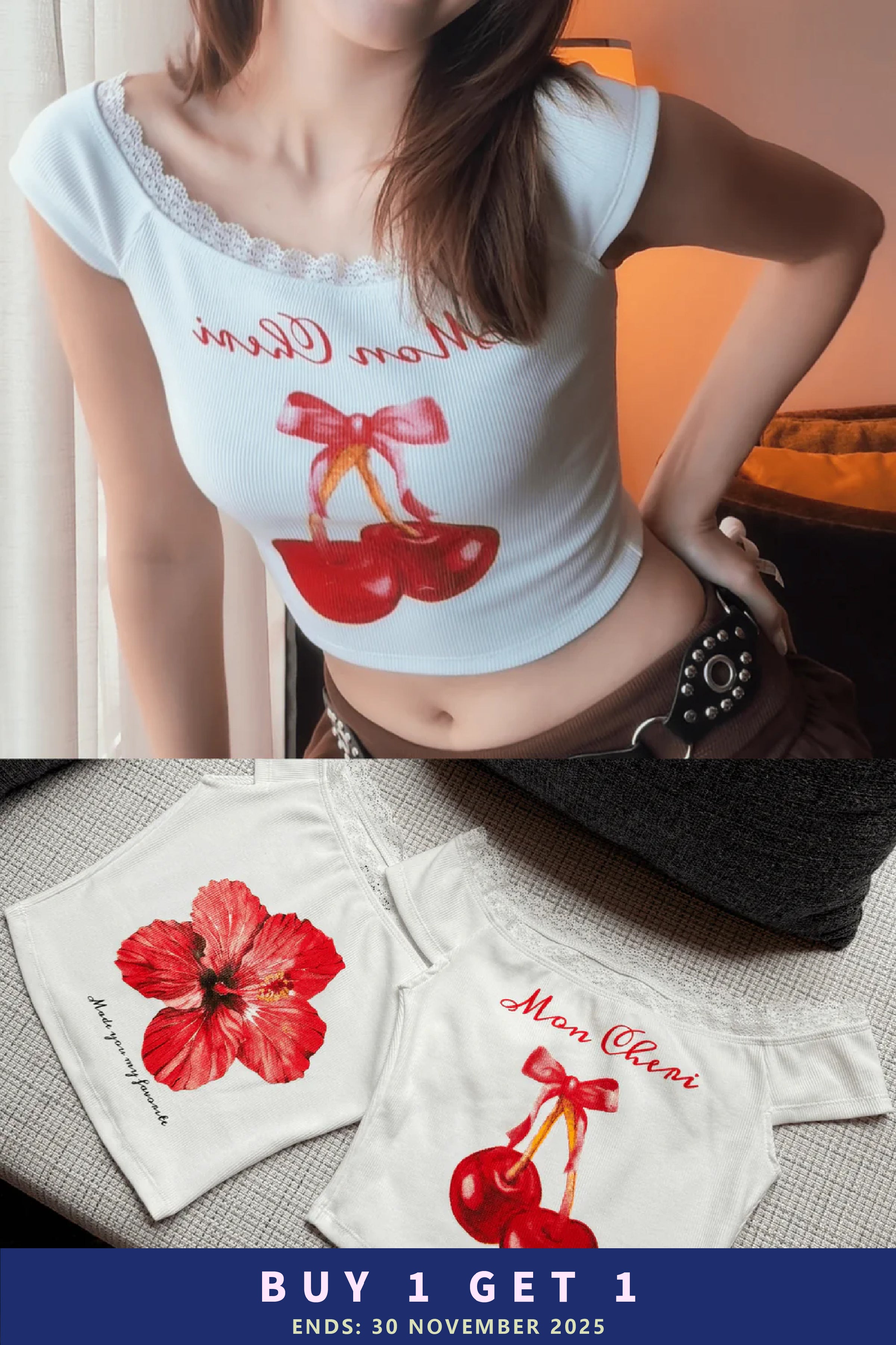 【泰國親身搜羅現貨🇹🇭】$99 Sweet Hot Top - 水墨印花Lace一字膊上衣［兩色入］