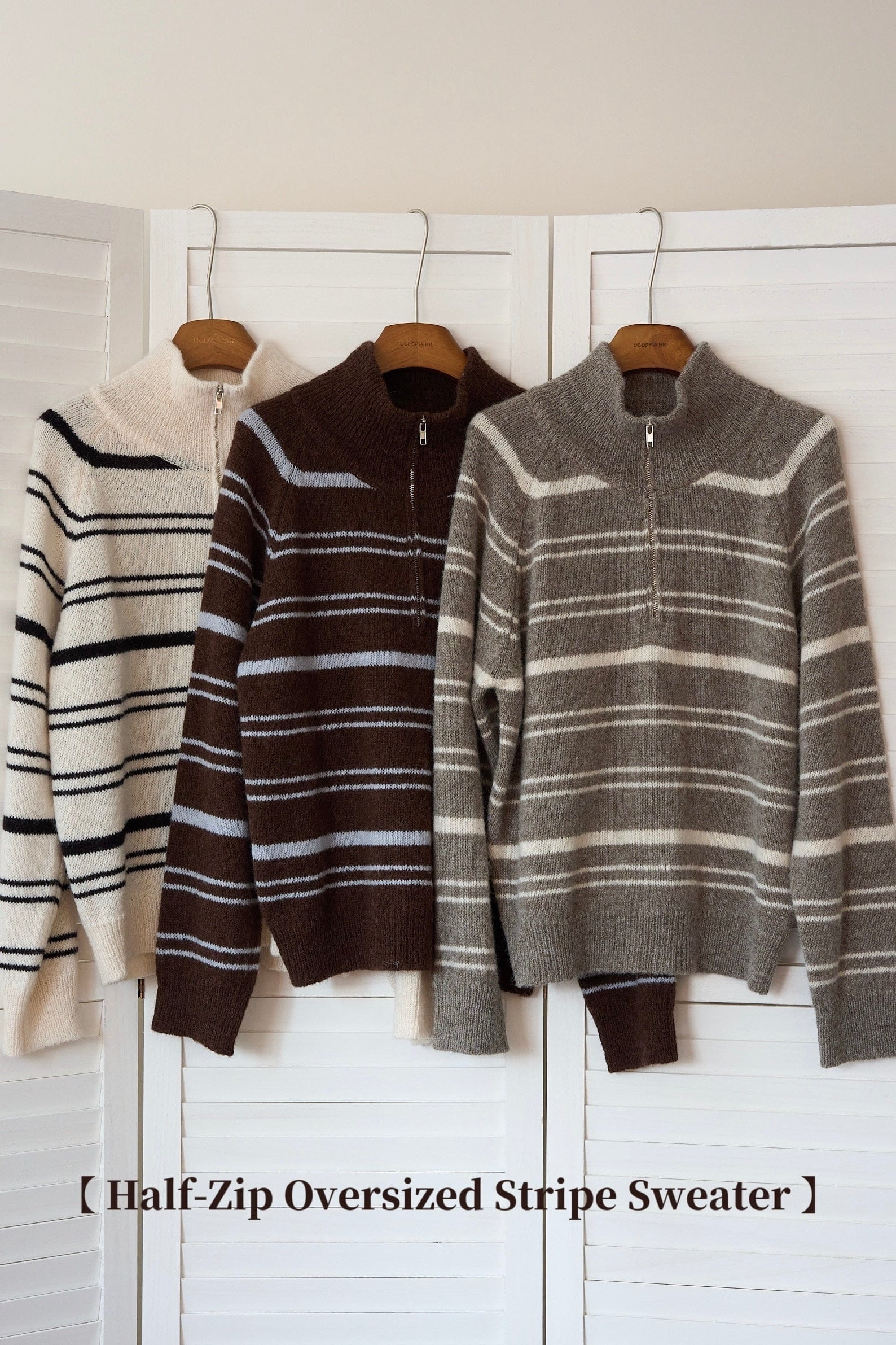 25% Wool + Alpaca Wool ~ Half-Zip Oversized Stripe Sweater［三色入］