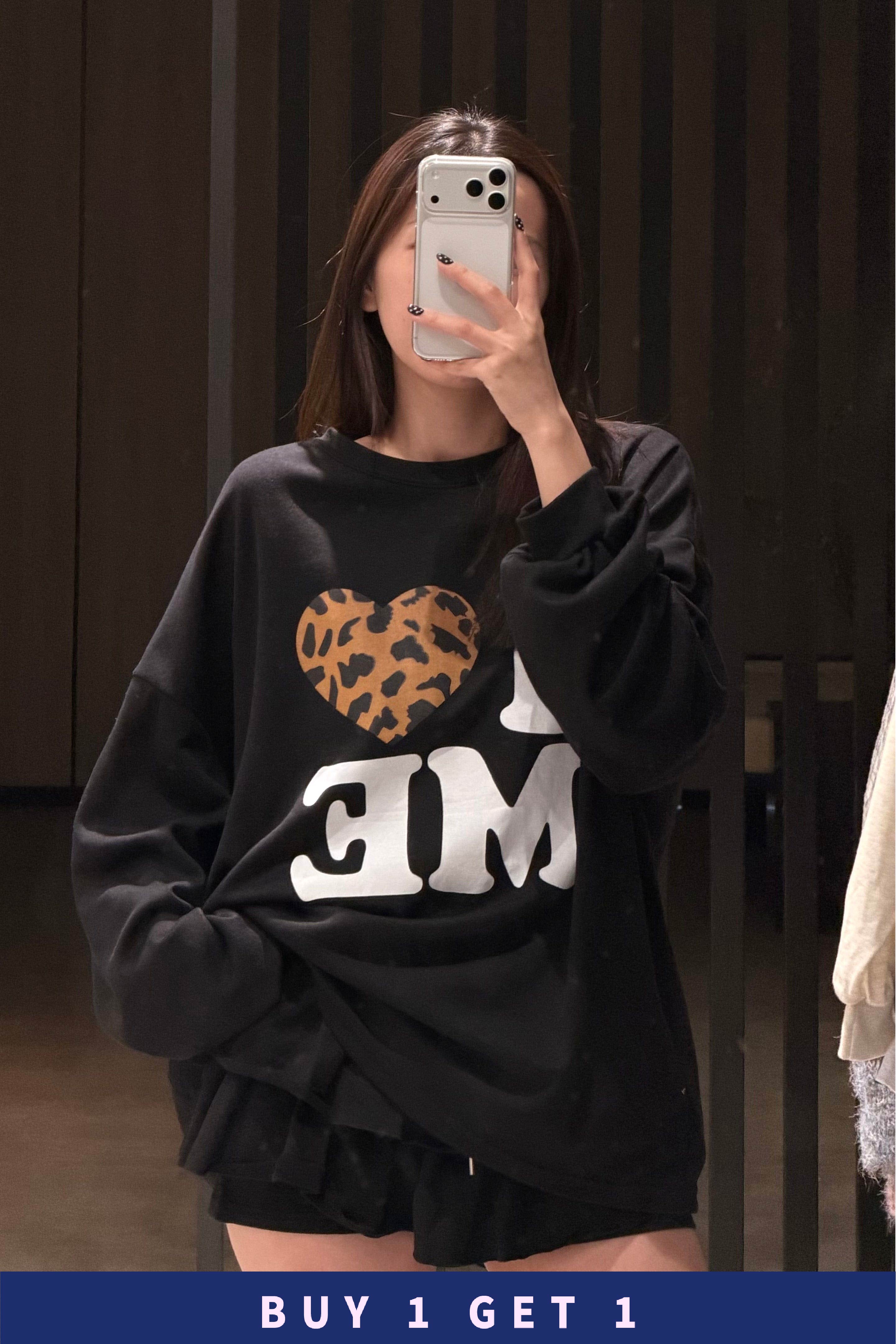 【 $99買一送一 】 I ♡ ME 豹紋心心薄衛衣