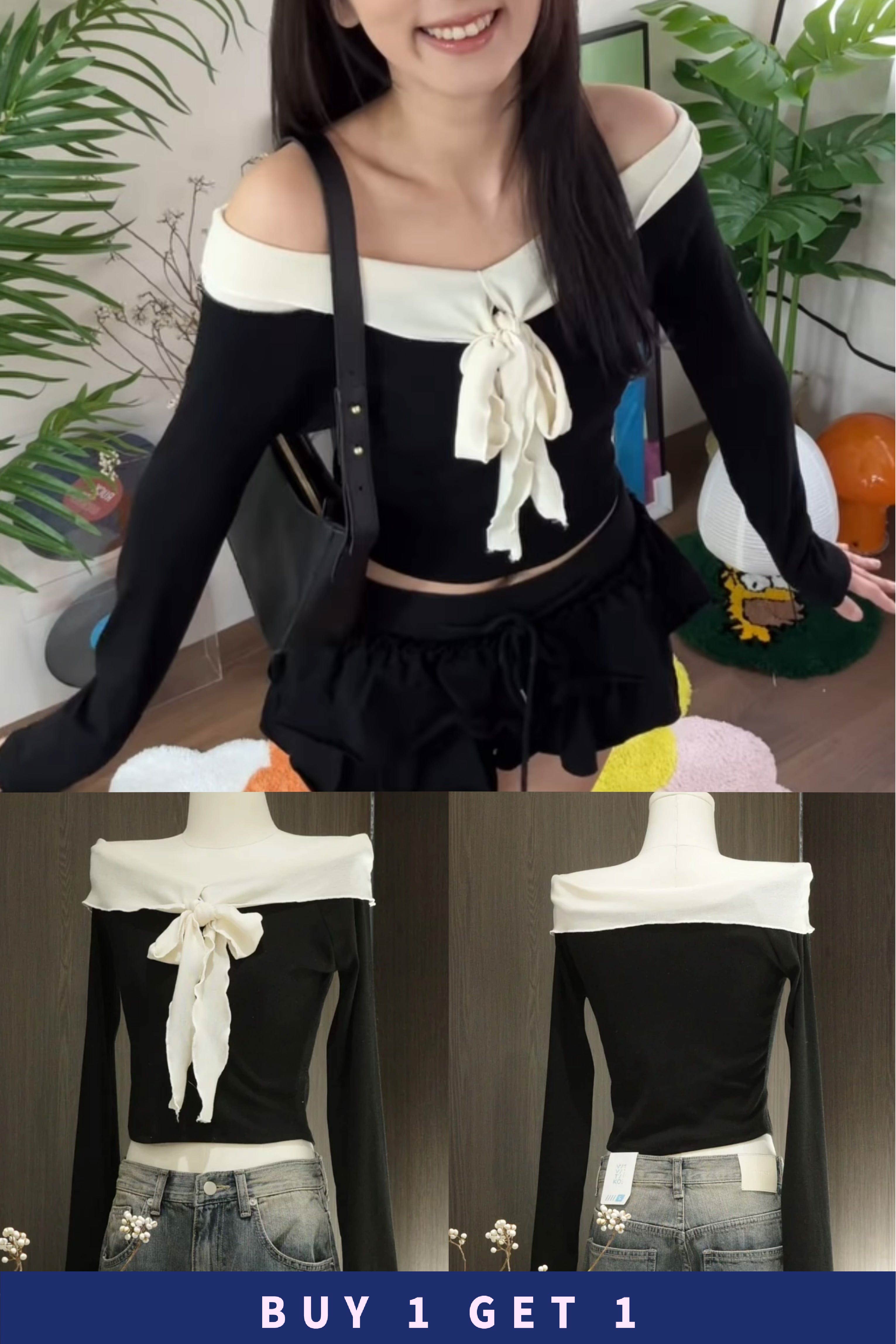 #76【 $99買一送一 】 氣質一字膊反領ribbon上衣