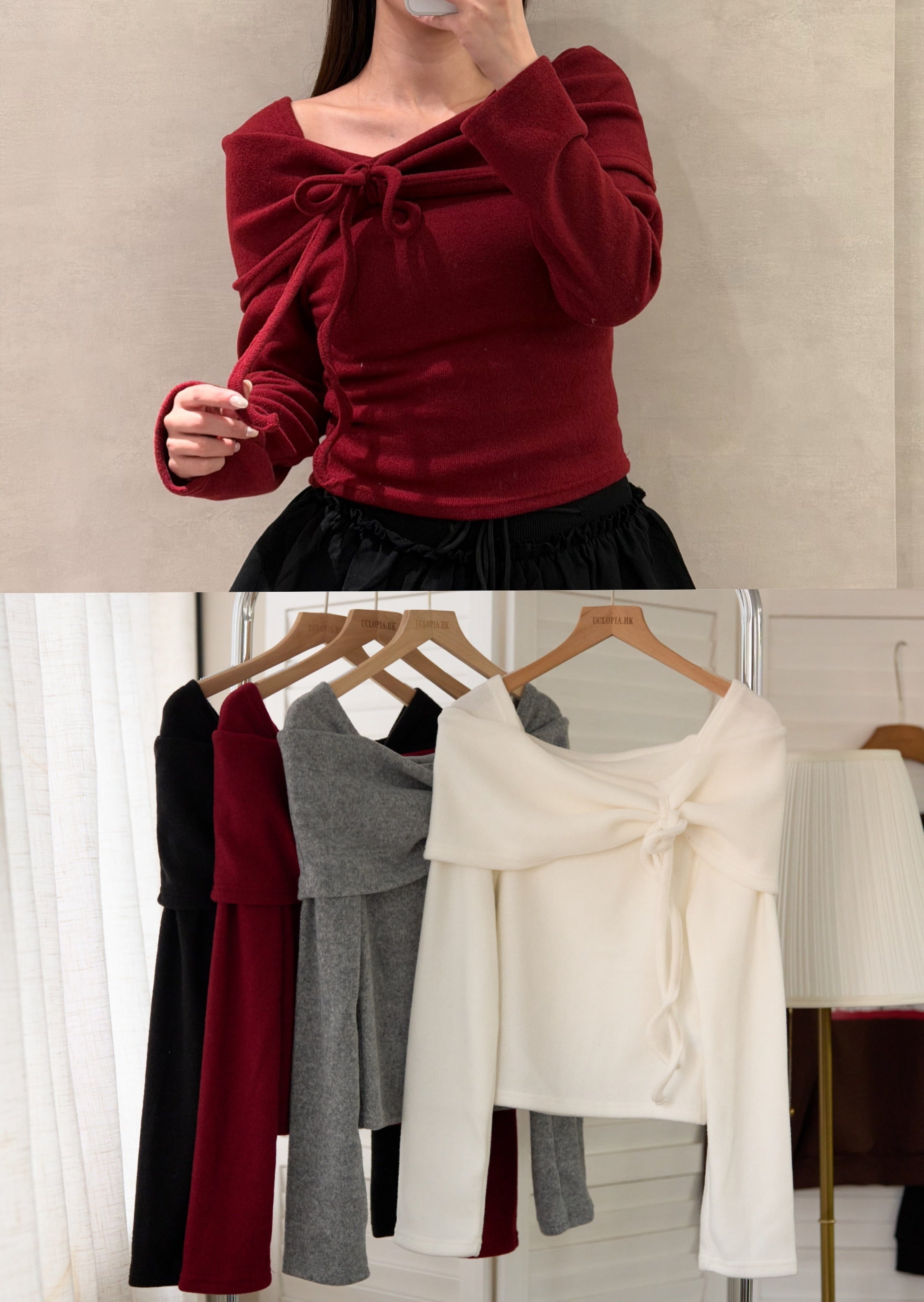 【 歷屆最精彩！$99震撼價❗️#33 】雪絨蝴蝶結方領上衣［四色入］