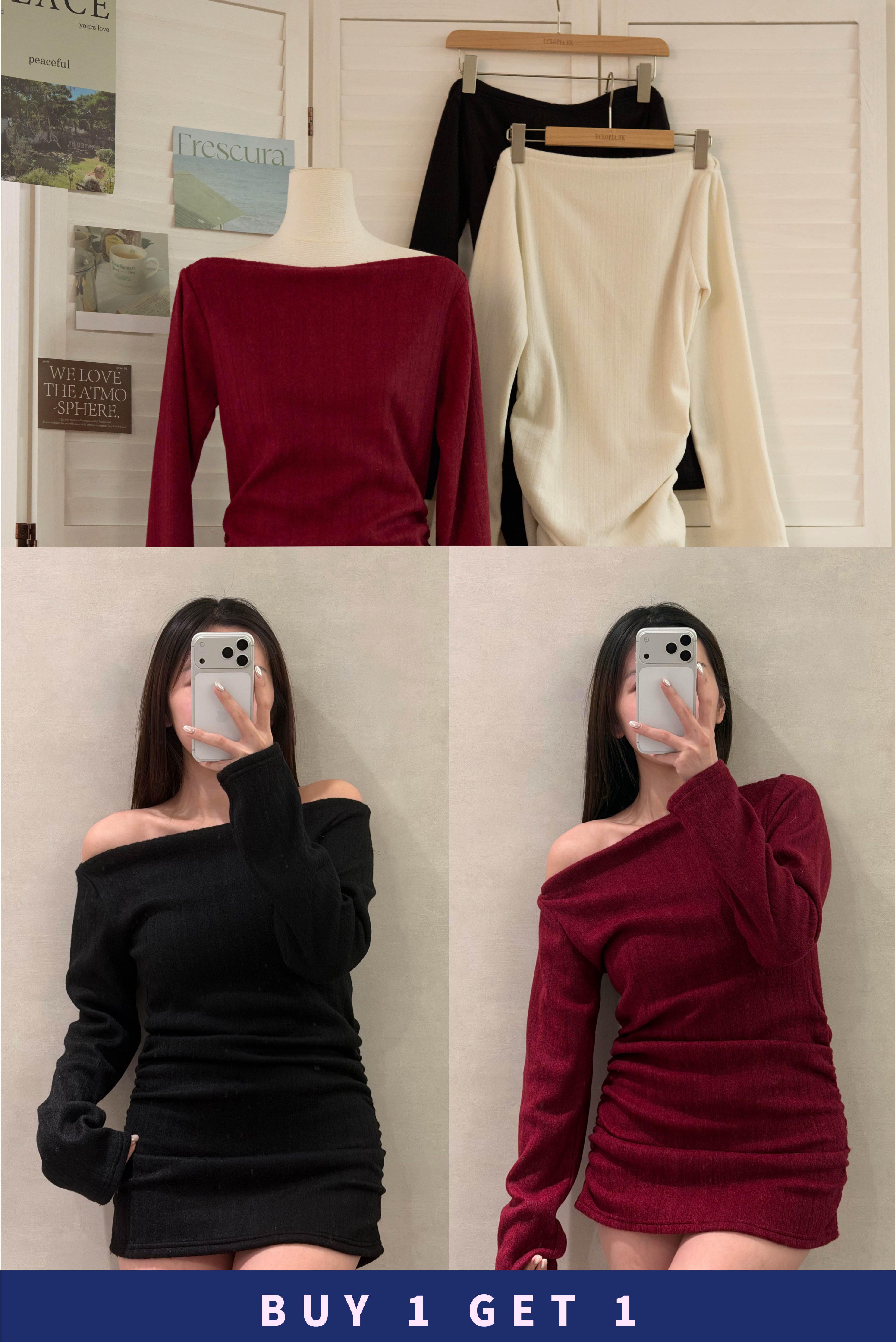 【 $99買一送一 】 雪絨一字船領魚骨連身裙