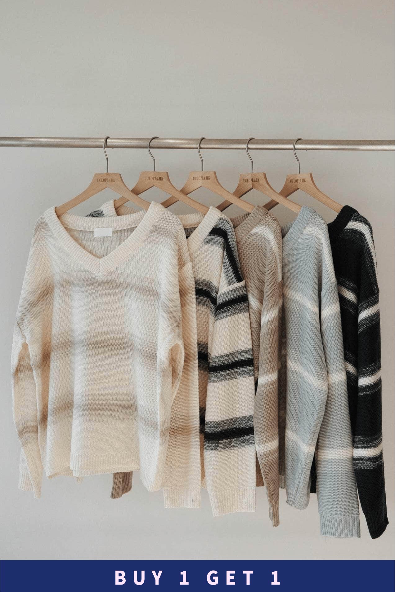 【 $99買一送一 】V領拼色間條針織毛衣