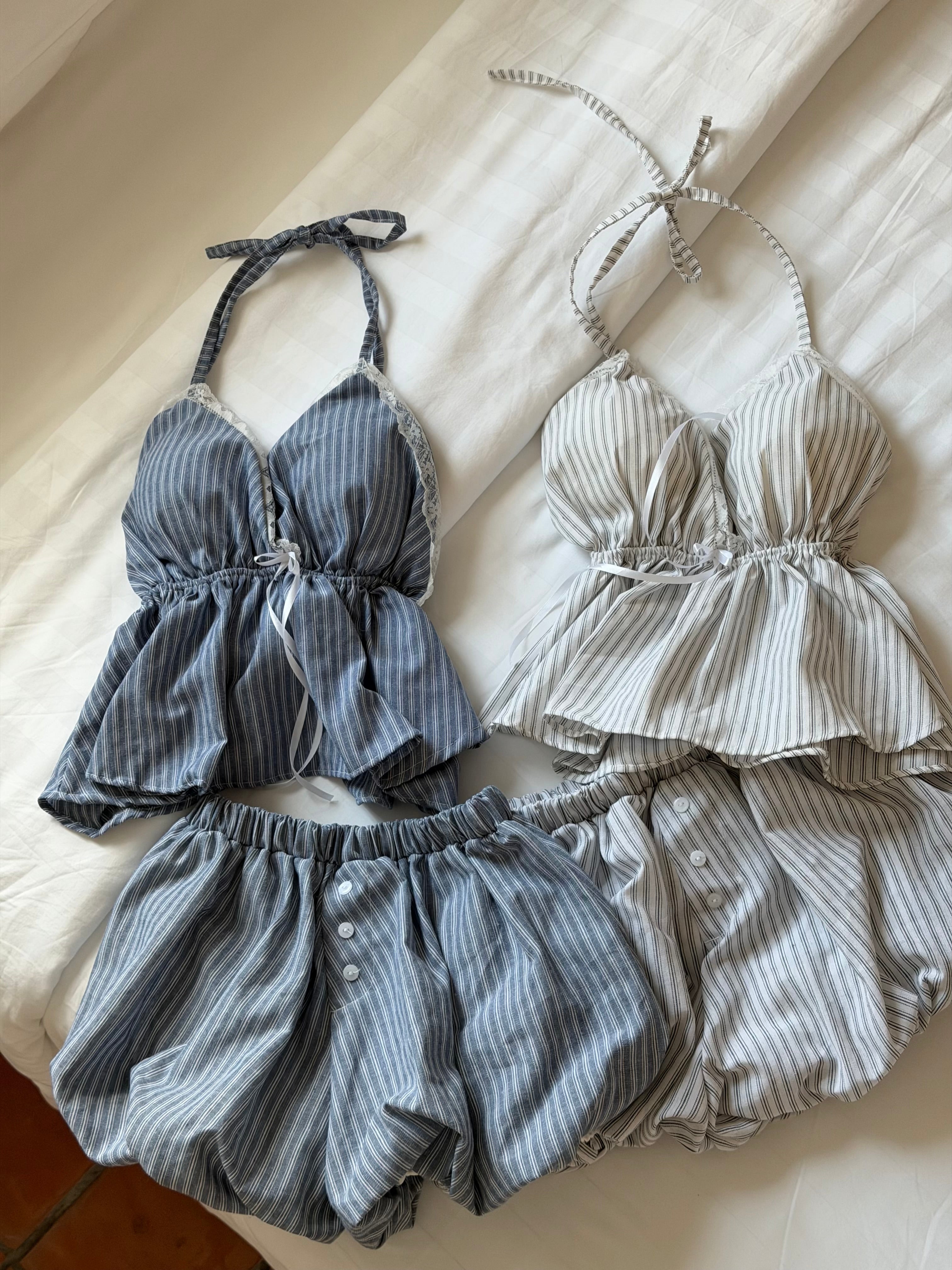 【 夏日炎炎泰國連線☀️🇹🇭 】#7 蓬蓬條紋拼色套裝 上衣 + 短裙 - with pads［兩色入］