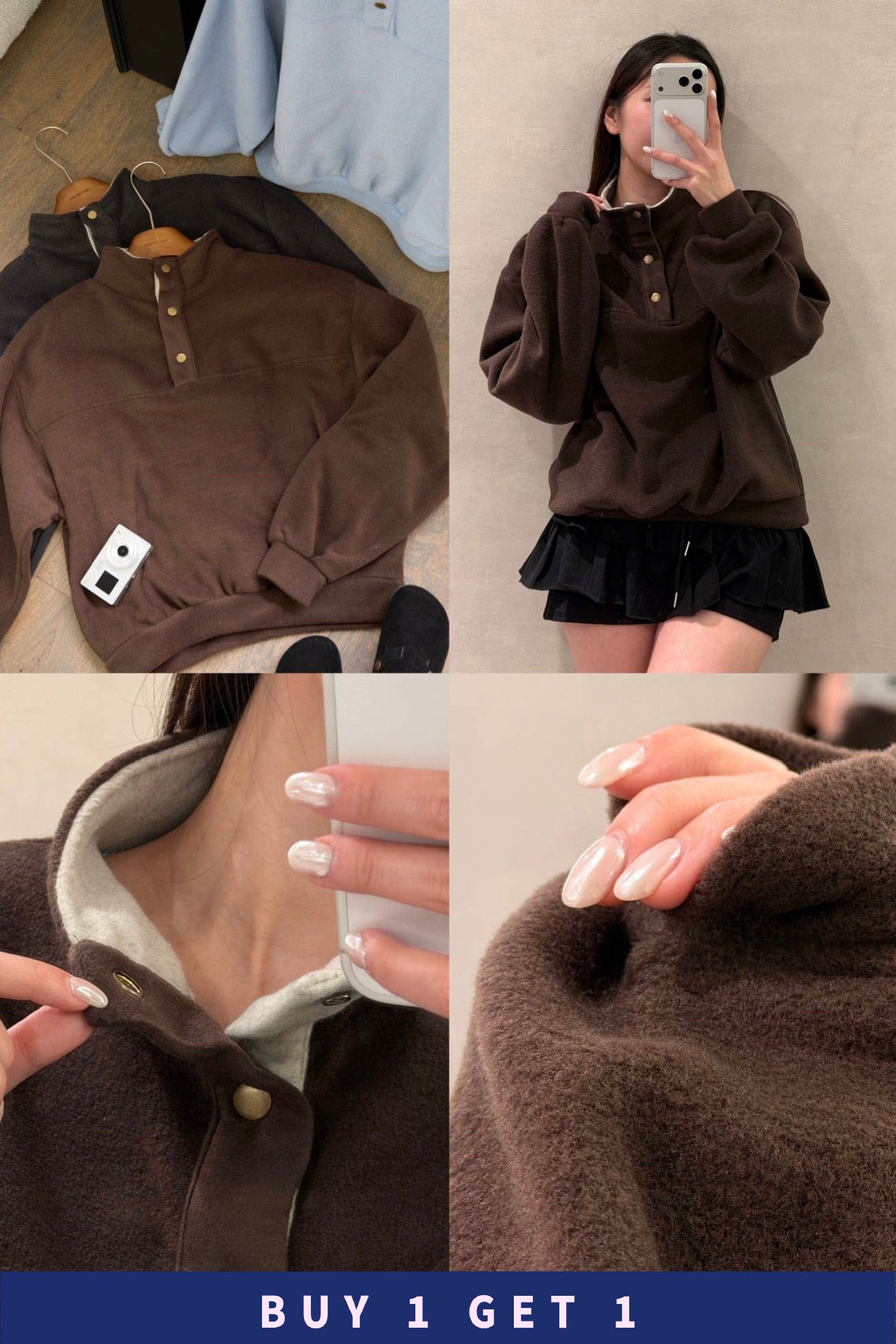 【 $99買一送一 】 薄絨鈕扣Half-Zip上衣［三色入］| 情侶款式👫🏻 (Copy)