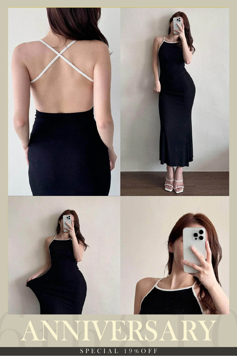 【大大大露背系列🍷｜有PAD 】黑白拼色交叉大露背長裙