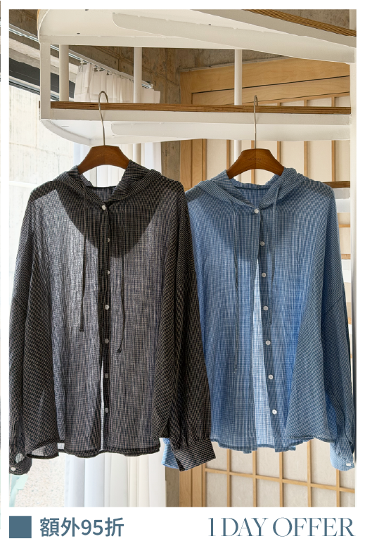 【春日韓國連線🇰🇷🌸】慵懶感Best！連帽格仔薄薄輕盈襯衫［兩色入］￼￼￼