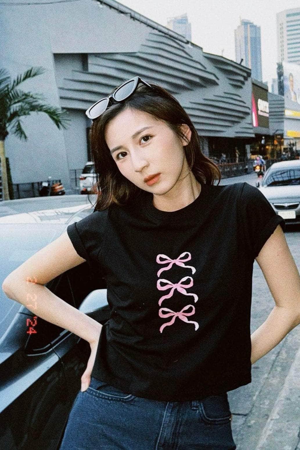 韓國服飾 短袖上衣韓國 【早春夏の選品🌸Day 5🩵】Y2K Pink Ribbon Tee [兩色入]